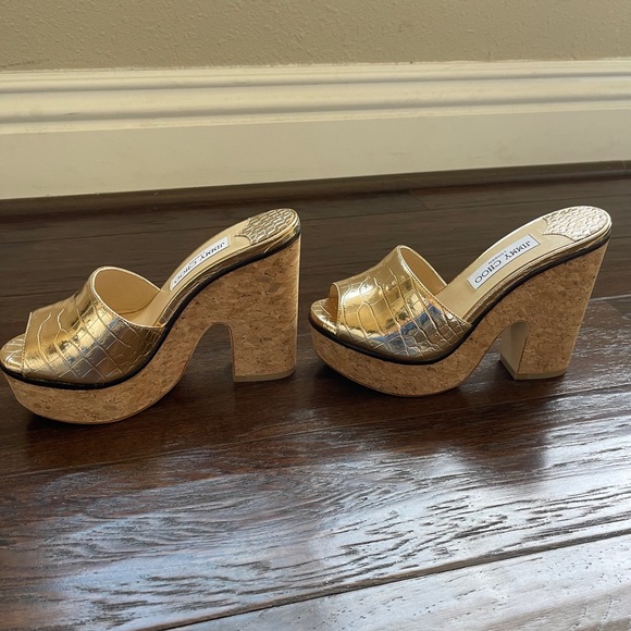 NWT Brand New Jimmy Choo Deedee Gold Leather Cork Sandals Women’s Size 7 - Picture 10 of 13